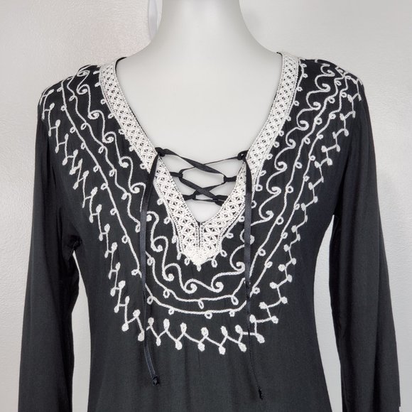 Scully Black White Boho Festival Western Rodeo Embroidered Fringe Tunic Size S - Picture 2 of 16